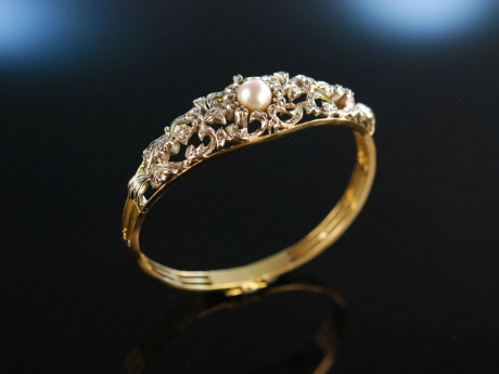 Im Antikstil! Wundervoller Armreif Gold 750 Diamantrosen Zuchtperle