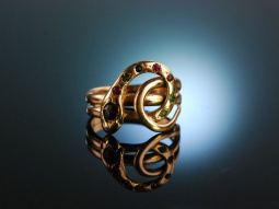 Um 1850! Historischer Schlangen Ring Gold 585 rote und gr&uuml;ne Granate