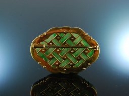 Feines Gr&uuml;n! Edle Jade Brosche um 1960 Gold 750 Diamanten
