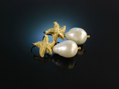 Pretty Seastars! Hübsche Ohrringe Silber 925 vergoldet weiße Zuchtperlen Tropfen