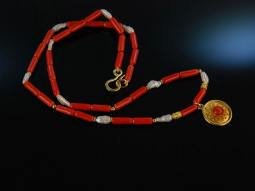 Um 1960! H&uuml;bsche Korallen Kette Gold 750 Granulat Dekor Biwa Perlen