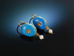 Zartes Biedermeier um 1850! Charmante Ohrringe Gold 333 Blau Email Perlen
