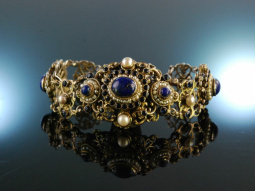 Siebenb&uuml;rgen um 1880! Silber Filigran Armband Lapislazuli Saatperlen blaue Ziersteine