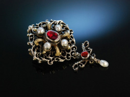 Historische Pracht um 1880! Granat Brosche Silber teilvergoldet Perlen um 1880