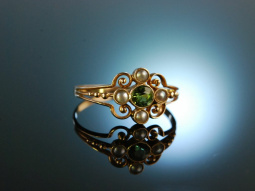 Um 1900! Wundervoller Ring Gold 585 Peridot Saatperlen