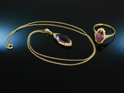 Um 1930! Amethyst Anh&auml;nger mit Kette und Ring Gold 585 Silber vergoldet