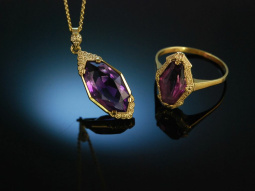 Um 1930! Amethyst Anh&auml;nger mit Kette und Ring Gold 585 Silber vergoldet