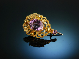 Zart am Revers! H&uuml;bsche kleine Brosche um 1900 Gold 585 Amethyst