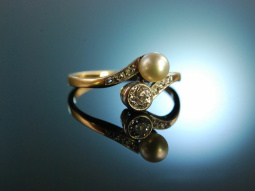 Jugendstil um 1910! Sch&ouml;ner Ring Altschliff Diamant Orientperle Gold 585