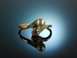Jugendstil um 1910! Sch&ouml;ner Ring Altschliff Diamant Orientperle Gold 585