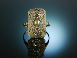 Sch&ouml;nheit um 1910! Traumhafter Art Deco Ring Wei&szlig; Gold 585 Diamanten Perle