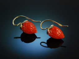 Cute Strawberries! Korallen Erdbeer Ohrringe Gold 585 Handarbeit