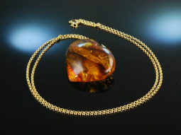 Amber Heart! Gro&szlig;er Bernsteinherz Anh&auml;nger Sterlingsilber 925 vergoldet mit Kette