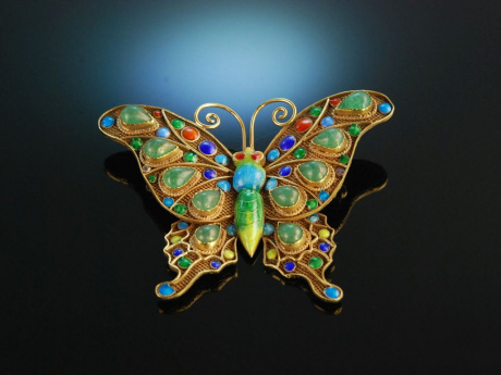 Beautiful Butterfly! Vintage Brosche Schmetterling Silber vergoldet Cina um 1960 Nephrit und Email