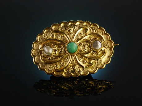 Um 1900! Ovale Ornament Brosche Jade Perlen Silber vergoldet