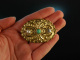 Um 1900! Ovale Ornament Brosche Jade Perlen Silber vergoldet