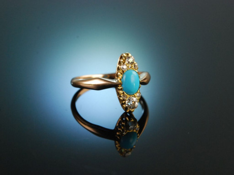 Um 1910! Feiner Ring Ros&eacute; Gold 585 T&uuml;rkis und Diamanten