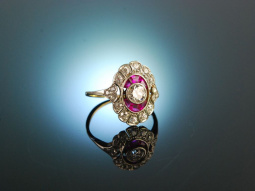 Um 1920! Feiner Art Deco Ring Diamanten Rubine Gold 585 Platin