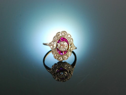 Um 1920! Feiner Art Deco Ring Diamanten Rubine Gold 585 Platin