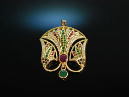 &Auml;gypten um 1950! Gro&szlig;er Lotus Anh&auml;nger Gold 750 Diamanten Rubine Smaragde