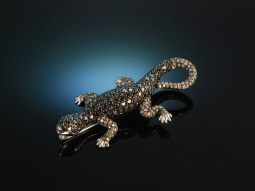 Black Diamond Lizard Brooch! Exquisite Salamander Brosche Gold 750 schwarze Diamanten Smaragde