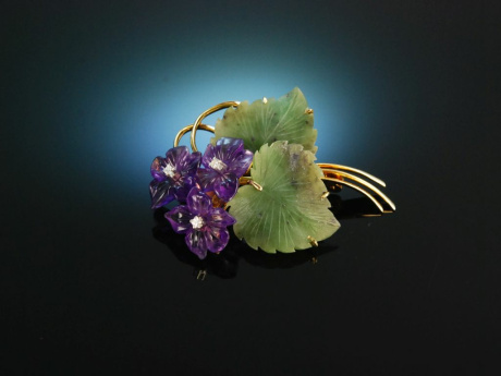 Mein Veilchen um 1950! Brosche Jade Amethyst Diamanten Gold 585