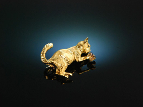 Vintage around 1950! Pretty Cats Brooch Gold 750 Sapphires