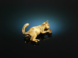 Vintage around 1950! Pretty Cats Brooch Gold 750 Sapphires