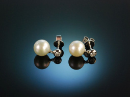 Classy Pearls and Diamonds! Wundervolle Ohrringe Wei&szlig;gold 750 Akoya Zucht Perlen Diamanten