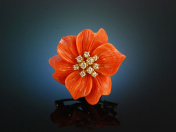 Coral Blossom! Bl&uuml;ten Brosche Koralle Diamanten 0,6 ct Gold 750