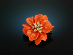 Coral Blossom! Bl&uuml;ten Brosche Koralle Diamanten 0,6 ct Gold 750