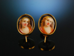 Um 1900! Porzellan Trachten Ohrringe M&auml;dchenportr&auml;ts Silber vergoldet