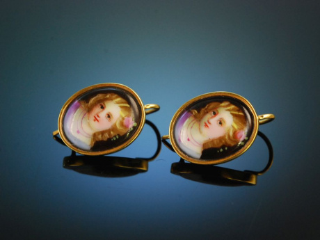 Um 1900! Porzellan Trachten Ohrringe M&auml;dchenportr&auml;ts Silber vergoldet