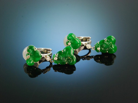 Charming Green! Sch&ouml;ne Jade Ohrringe Wei&szlig; Gold 750 Brillanten