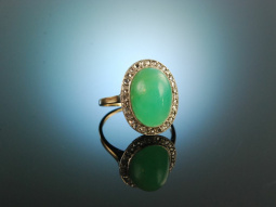 Um 1910! Feiner Chrysopras Ring Diamantrosen Gold 585 Platin