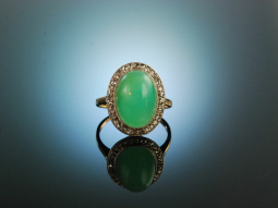 Um 1910! Feiner Chrysopras Ring Diamantrosen Gold 585 Platin