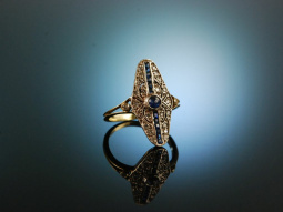 Um 1910! Feiner Art Deco Marquise Ring Diamanten Saphire Gold 585 Platin