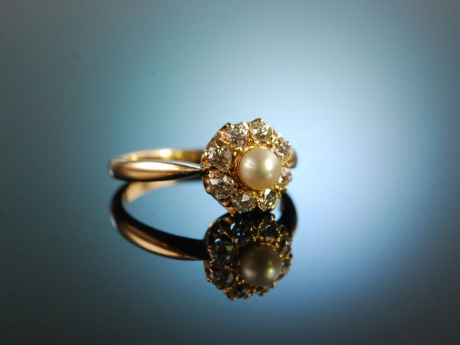 &Ouml;sterreich um 1900! Historischer Ring Naturperle Altschliffdiamanten Gold 585