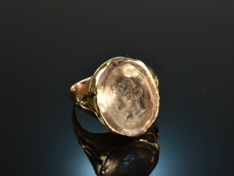 Um 1910! Historischer Jugendstil Ring Gold 585 Quarz Intaglio