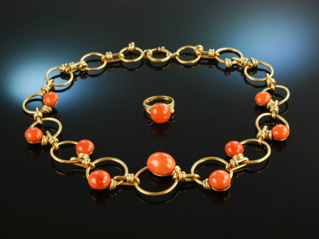 Bauhaus around 1930! Rare design chain and ring big coral Boutons silver 900 gold plated