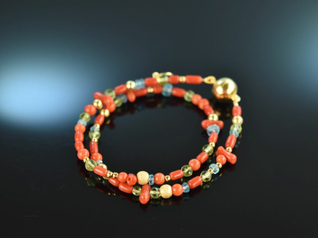 Fancy Coral! Armband 2reihig Silber 925 vergoldet Koralle Peridot Apatit