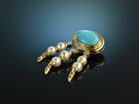 Around 1985! Beautiful Turquoise Pendant Gold 585 Diamonds Akoya Cultured Pearls