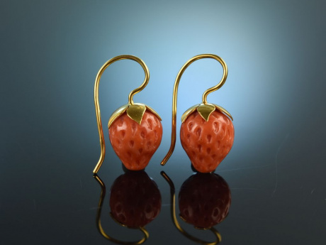 Cute Strawberries! Gro&szlig;e italienische Korallen Erdbeer Ohrringe Silber vergoldet Handarbeit