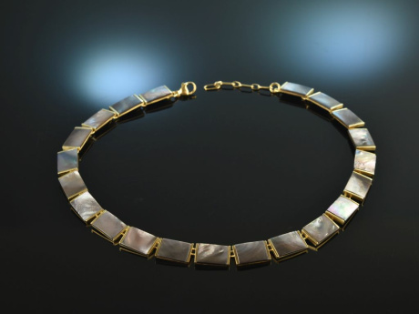 Around 1960! Cool vintage necklace silver 925 gold plated grey mother of pearl inlays