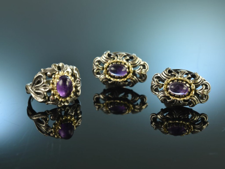 T&ouml;lz um 1955! Sch&ouml;ne Trachten Ohrringe und Ring Amethyste Silber 835 vergoldet