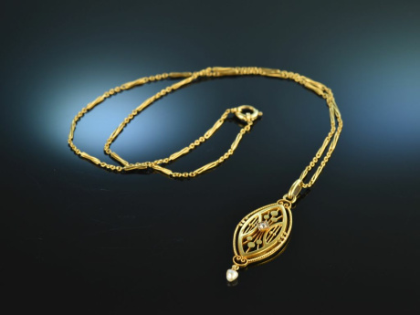 &Ouml;sterreich um 1910! Sch&ouml;ner Anh&auml;nger mit Kette Diamant Orientperle Gold 750