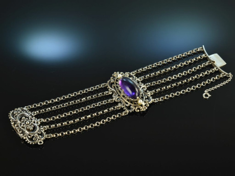 Garmisch um 1950! H&uuml;bsches gro&szlig;es Trachten Armband Amethyst Zuchtperlen Silber 835