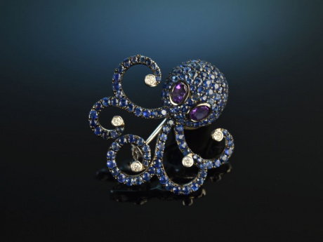 Kleiner Octopuss! H&uuml;bsche Tintenfisch Brosche Saphire Brillanten Amethyste Gold 750