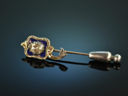 Frankfurt 2. H&auml;lfte 18. Jahrhundert! Edle Reversnadel Diamant Rose 0,7 ct blaues Zieremail Gold 585