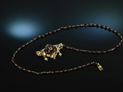 M&uuml;nchen um 1850! Biedermeier Granat Collier Kette Schaumgold 585 Saatperlen